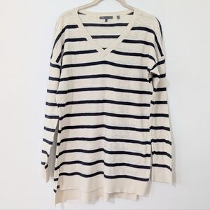 Vince V Neck Striped Longline Sweater Tunic Cotton Knit Beige Blue Large L